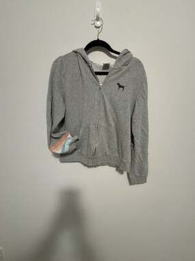 Victoria's Secret PINK Gray Full Zip Hoodie Sweatshirt with Pastel Rainbow Strip